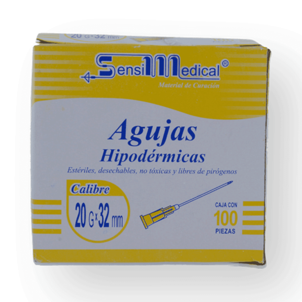 AGUJA HIPODERMICA AMARILLA 20GX32MM CAJA C/100PZS