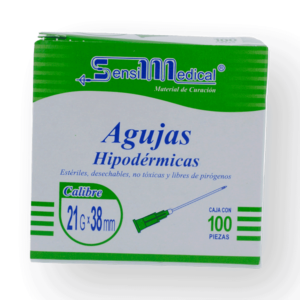 AGUJA HIPODERMICA VERDE 21GX38MM CAJA C/100PZS